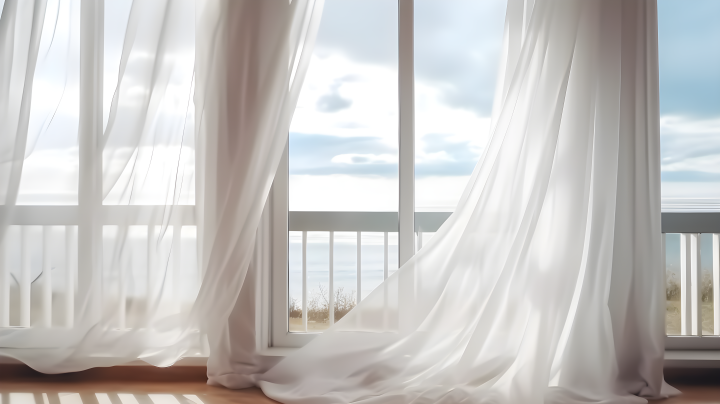 客厅风中飘舞的白纱帘摄影版权图片下载