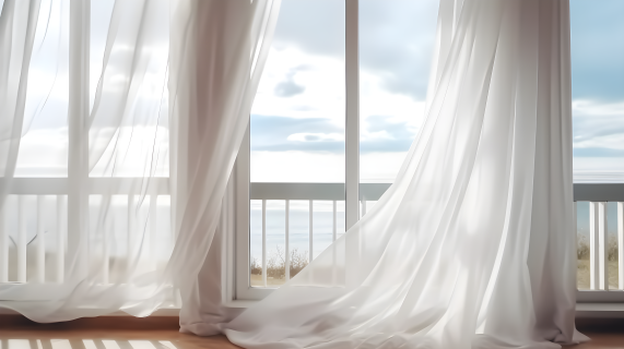 客厅风中飘舞的白纱帘摄影图片