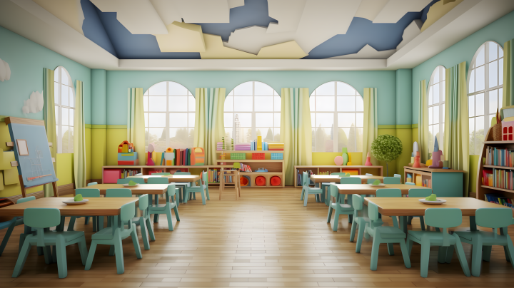 明亮宽敞的儿童游戏教室摄影版权图片下载