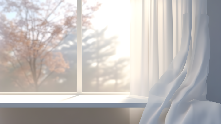 卧室内的白色窗帘窗外美景摄影版权图片下载