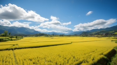金黄稻田与远山相映生辉的超逼真摄影图