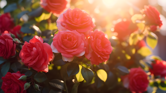 玫瑰花绽放的阳光晨曦摄影图片