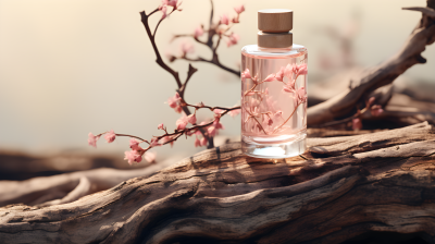 树枝上的粉色与米色透明精油瓶摄影图