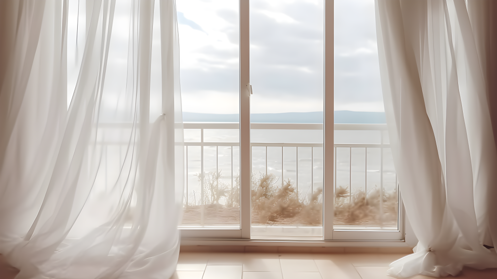 落地窗前飘舞的白色窗帘摄影图片