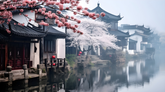 江南雾中水乡，樱花盛放的写实风格摄影图片