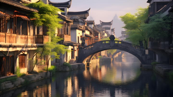 江南水乡古典建筑与拱桥流水摄影版权图片下载