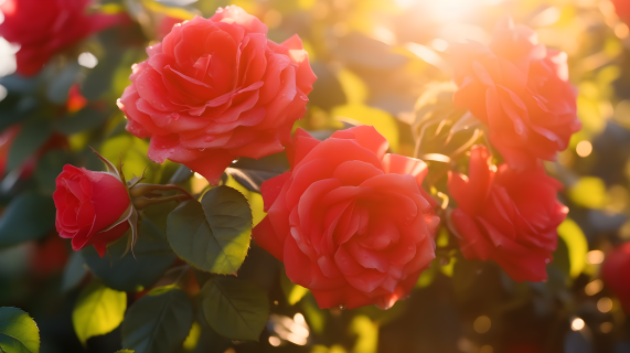 绽放的红玫瑰清晨摄影图