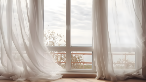 窗前飘动的白色窗帘摄影图片