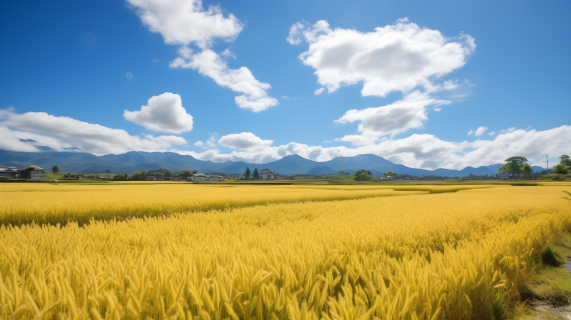 金黄稻田蓝天白云的超写实摄影图片