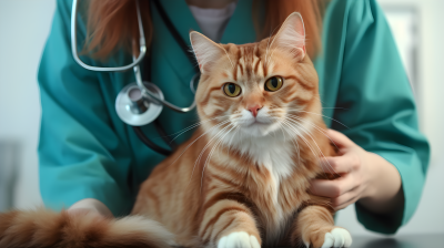护士用听诊器听猫的真实摄影图