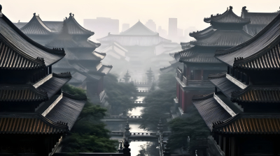 古老传统建筑中的雾景摄影图
