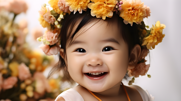 亚洲婴儿花冠微笑摄影图版权图片下载