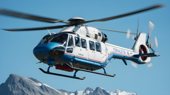 蓝白直升机在蔚蓝天空中飞行的摄影图片