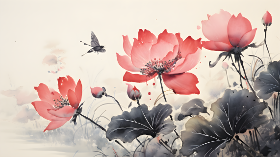 莲花与蜻蜓的轻红浅黑墨画摄影图