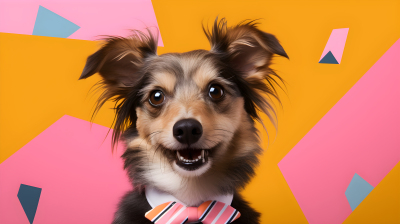 粉色背景下系着领带的狗摄影图片