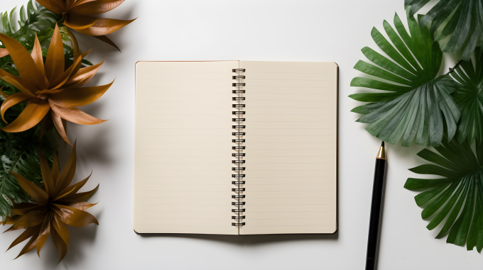 简约风格的笔记本、笔记本电脑和绿植摄影图片