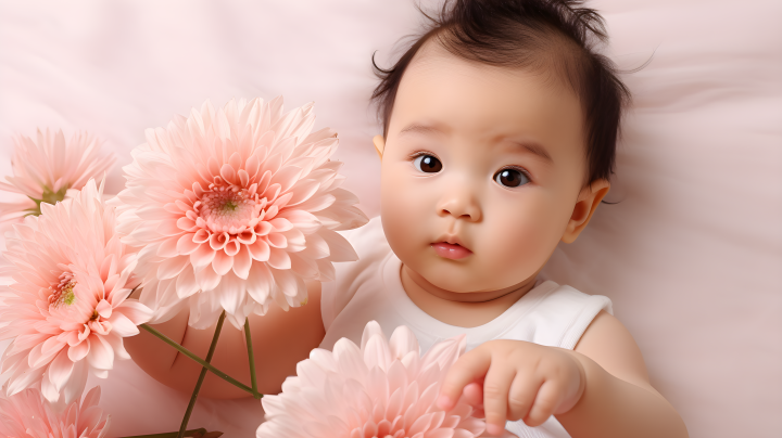 婴儿与菊花版权图片下载