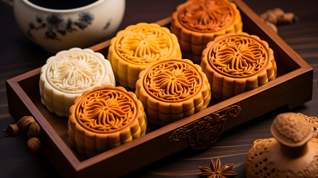 六个中国式月饼和茶的摄影图片