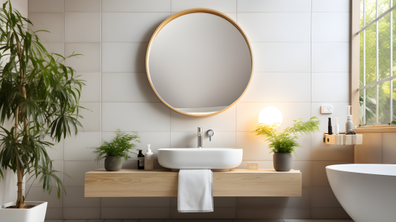 现代简约白色环境厕所圆形镜子搭配植物摄影图片