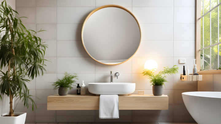 现代简约白色环境厕所圆形镜子搭配植物摄影版权图片下载