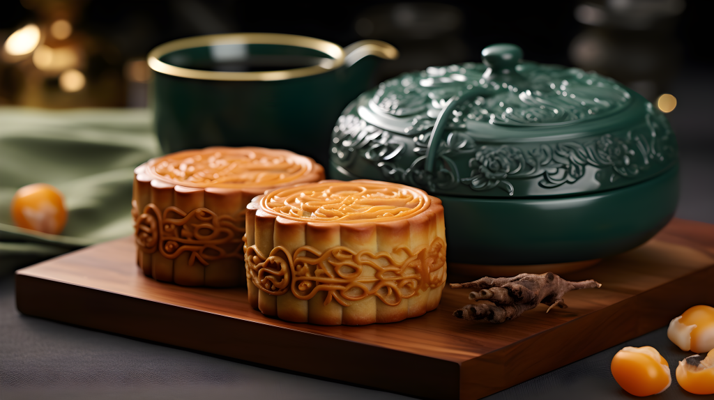 自然风格下的月饼与茶摄影版权图片下载