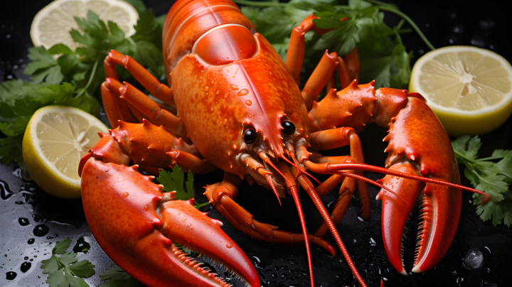 黑背景上的龙虾晚宴摄影图版权图片下载