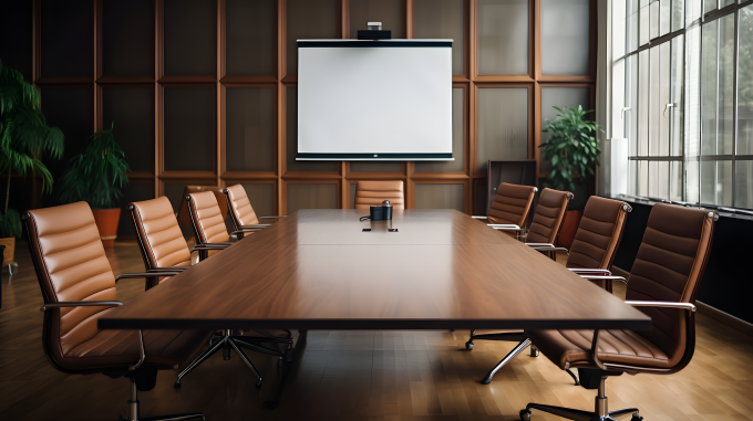 大型矩形木桌的空会议室摄影图片
