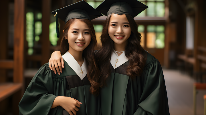 双亚洲女生毕业袍摄影版权图片下载