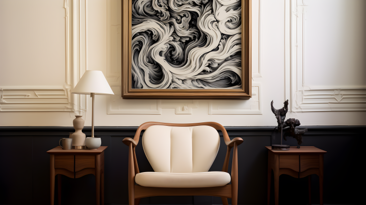 黑白艺术风格的流线型木椅上带有地图画框的摄影版权图片下载