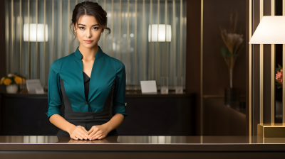 素净典雅的女酒店/收银员站在柜台前，深青色和浅褐色的日式摄影图