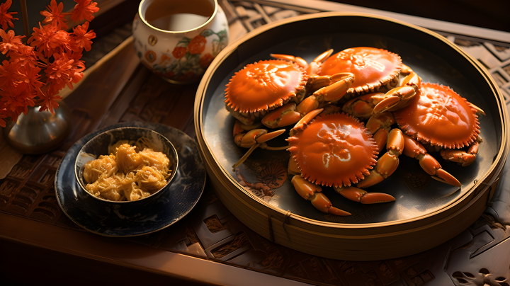 桌上螃蟹和中式月饼摄影版权图片下载
