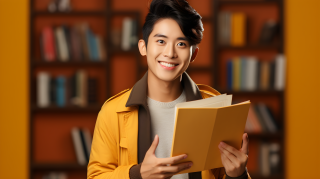亚洲大学生黄色背景书摄影图片