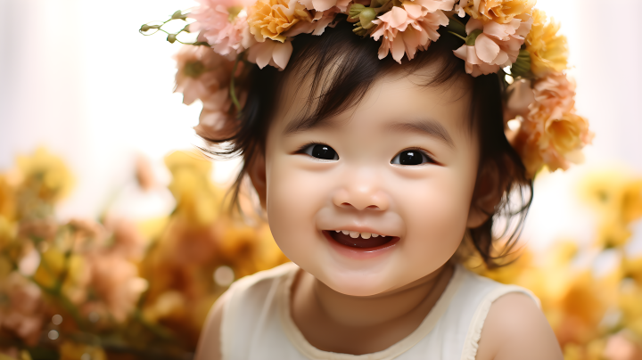 亚洲婴儿戴花冠微笑摄影版权图片下载