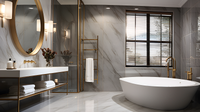 白银与深黄相间的大型极简主义浴室摄影图片