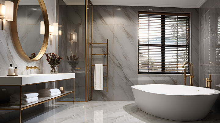 白银与深黄相间的大型极简主义浴室摄影版权图片下载