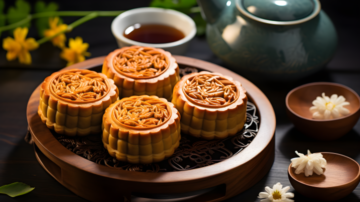 茶香四溢的中式月饼摄影版权图片下载