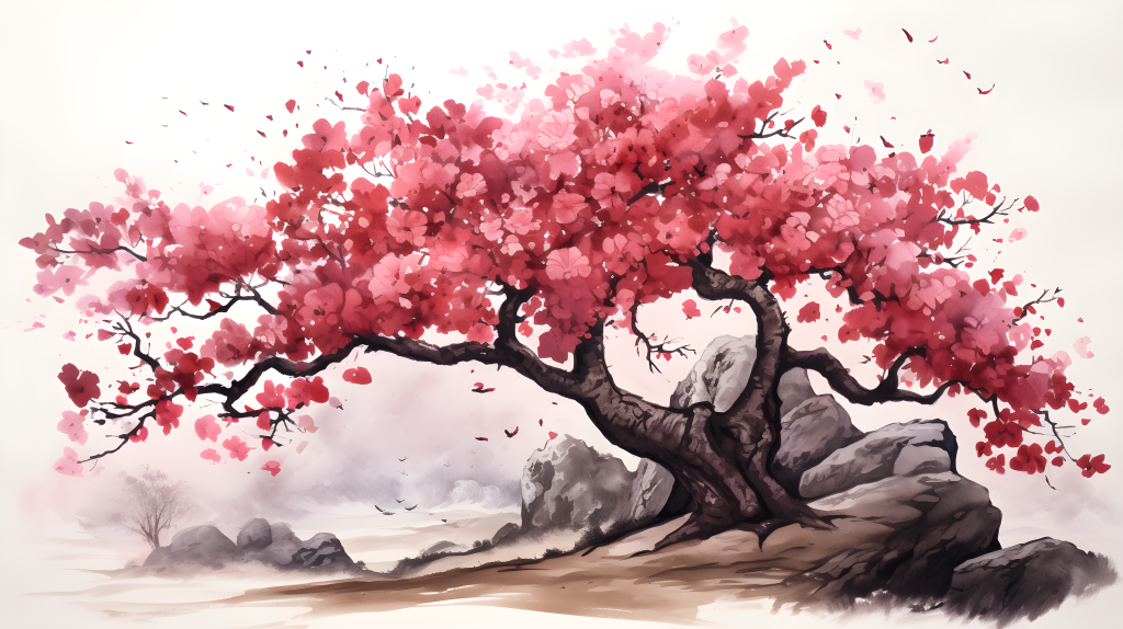 红色花树的水墨画风摄影图
