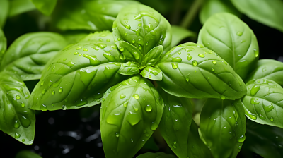 绿叶水滴下的罗勒植物摄影图