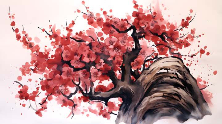 红花树的水墨画摄影图版权图片下载