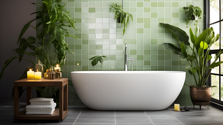 简约风格瓷砖浴室配绿植和浴缸摄影版权图片下载