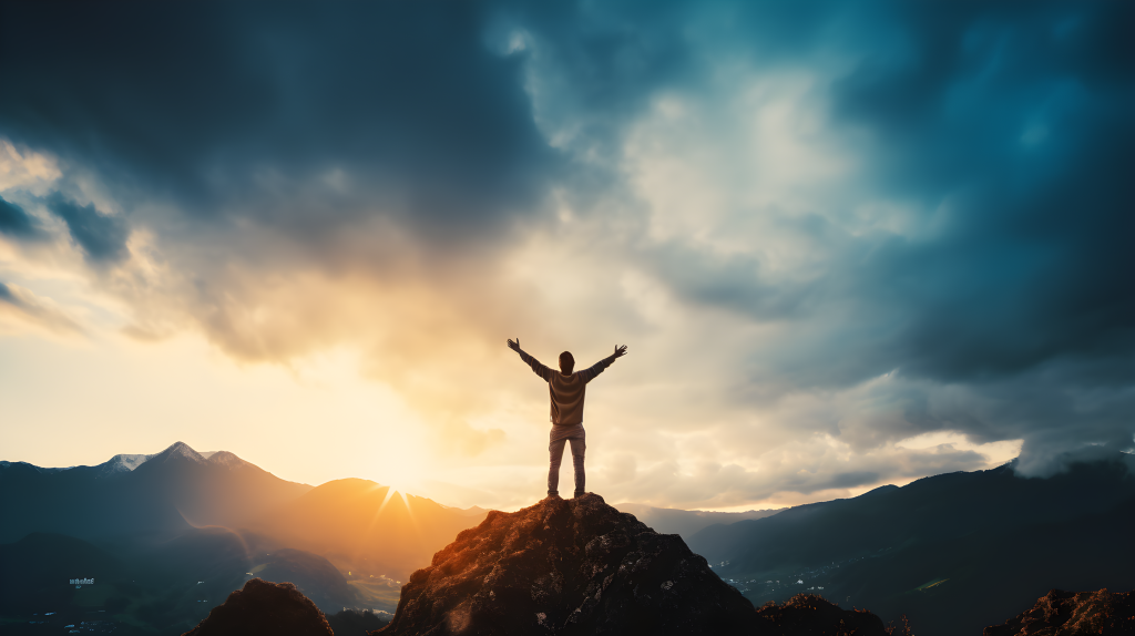 欢乐乐观的山顶人影摄影图版权图片下载