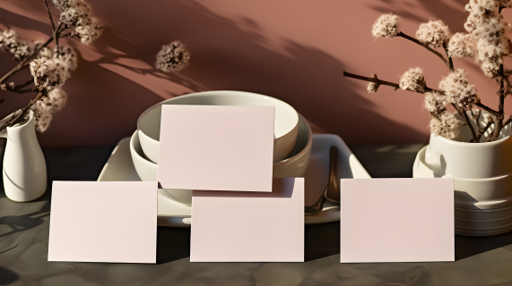 粉色和棕色的桌面上的白色卡片静物摄影图
