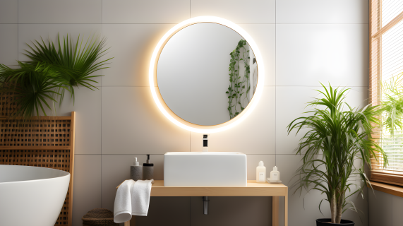 白色浴室圆镜与植物摄影图片