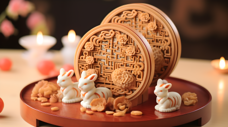 中国新年甜点兔子与月饼的摄影图片