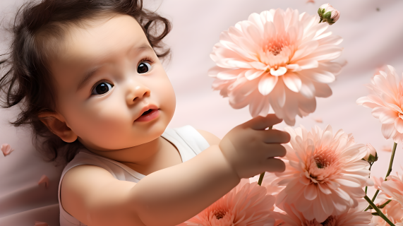 婴儿玩弄雏菊的光红与浅粉色摄影图片