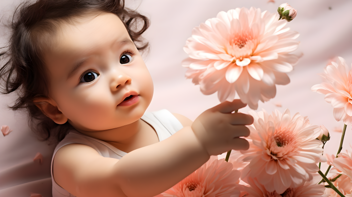 婴儿玩弄雏菊的光红与浅粉色摄影版权图片下载