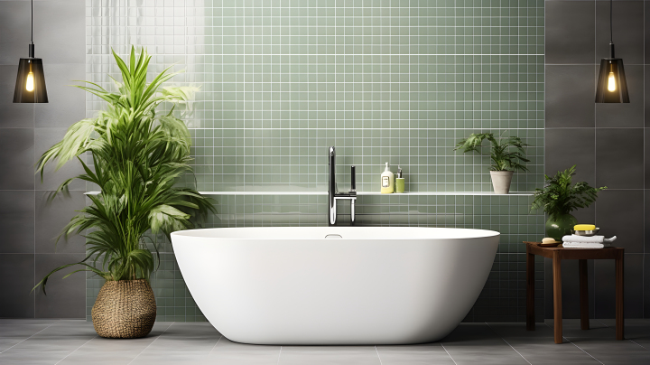 极简风格瓷砖浴室装饰绿植和浴缸摄影版权图片下载