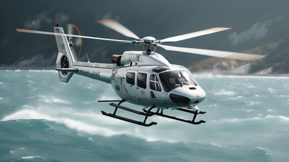 白银色直升机飞越海洋摄影图片