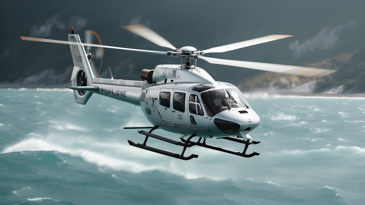 白银色直升机飞越海洋摄影版权图片下载