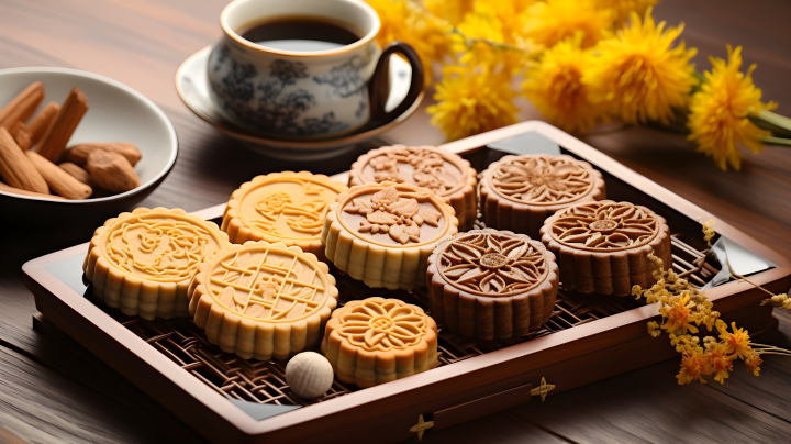 中式美食茶品与月饼摄影版权图片下载